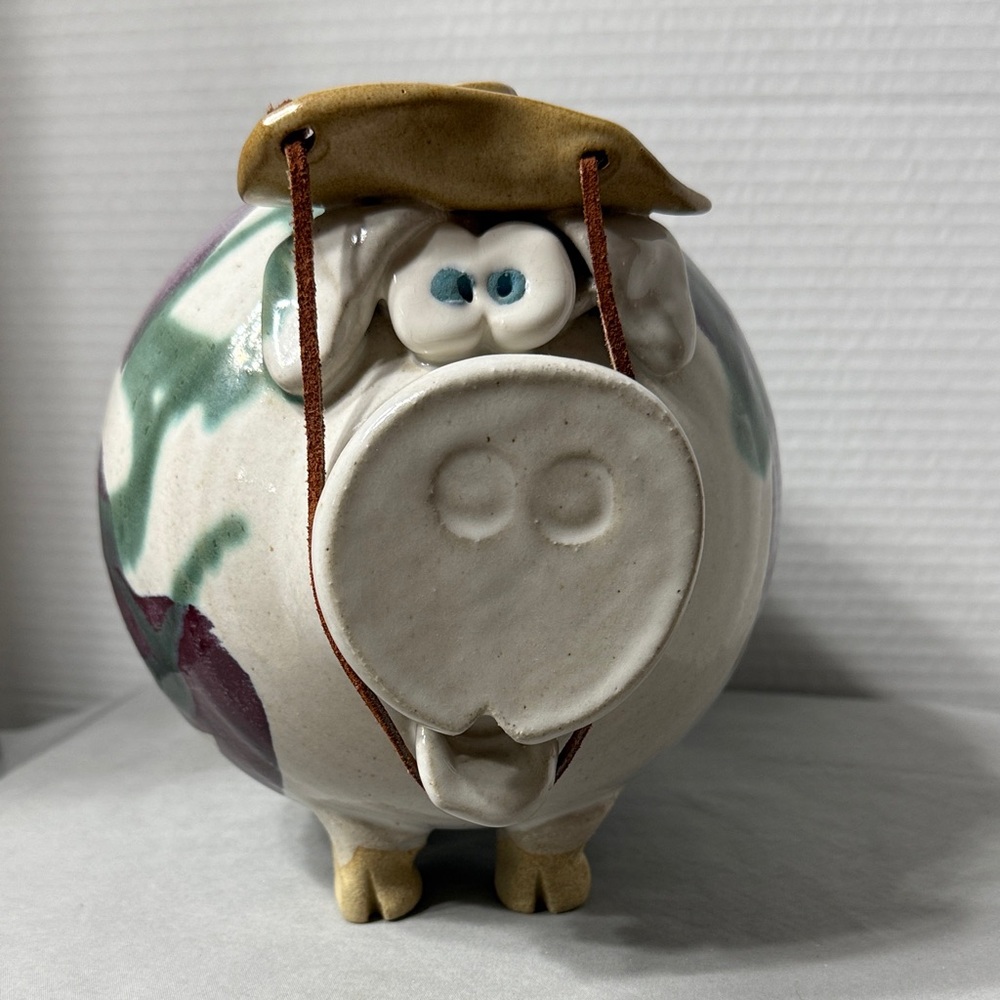 Large Vtg Pottery Studio Ceramic Art Piggy Bank Drip Glaze Cowboy Hat Multicolor